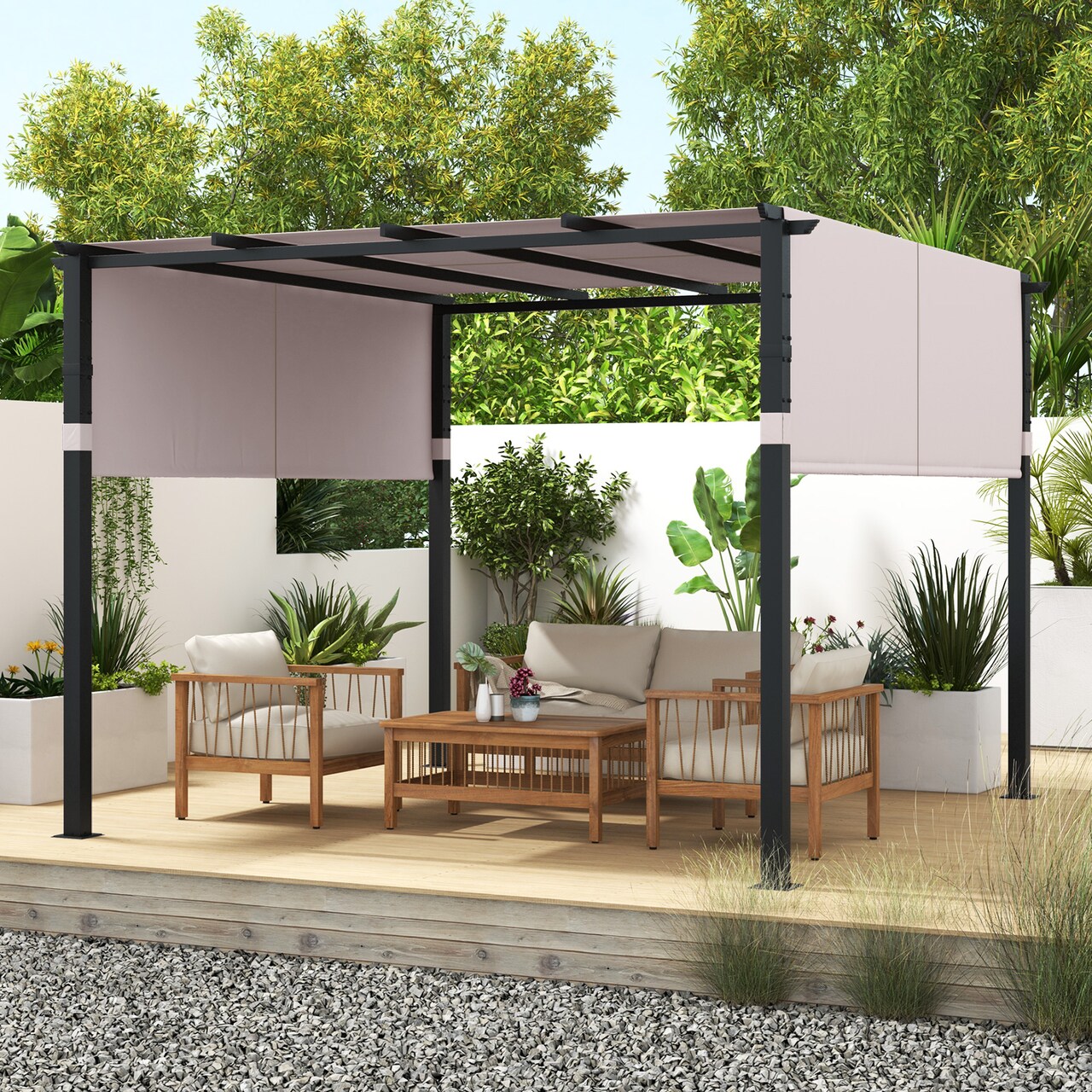 10 x 10 ft Flat Top Pergola with Retractable Canopy for Garden Pool Porch and Backyard
